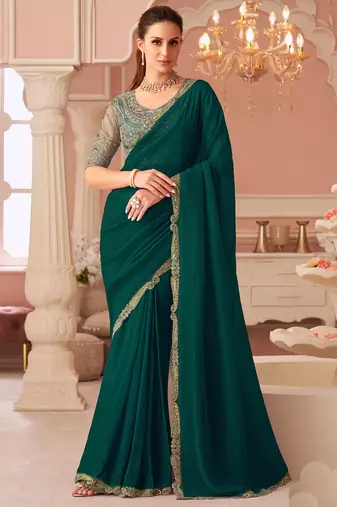 Green georgette embroidered party wear saree