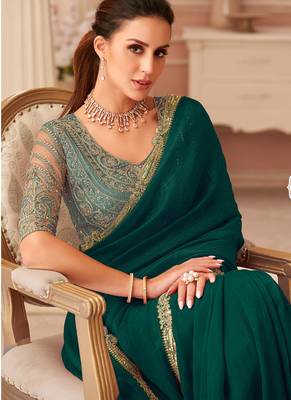 Green georgette embroidered party wear saree 2