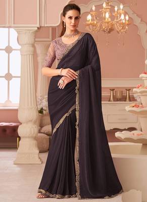 Dark brown georgette embroidered party wear saree 1