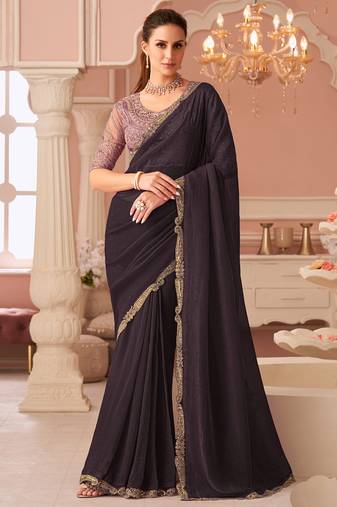 Dark brown georgette embroidered party wear saree