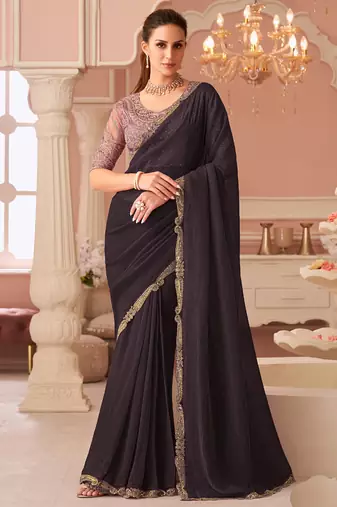 Dark brown georgette embroidered party wear saree
