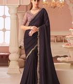 Dark brown georgette embroidered party wear saree