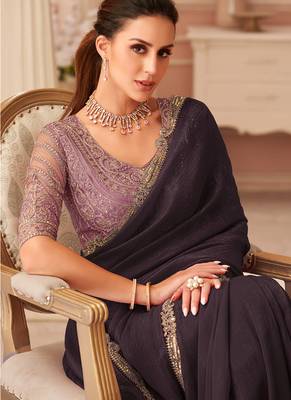 Dark brown georgette embroidered party wear saree 2