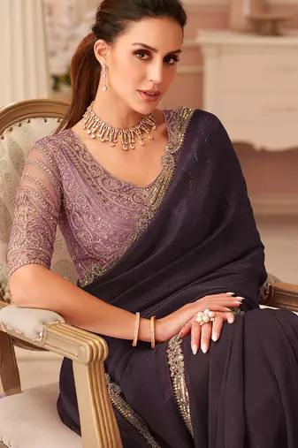 Dark brown georgette embroidered party wear saree