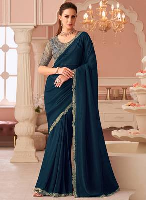 Aqua blue georgette embroidered party wear saree 1