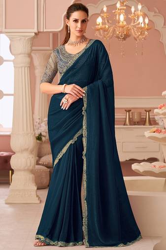 Aqua blue georgette embroidered party wear saree