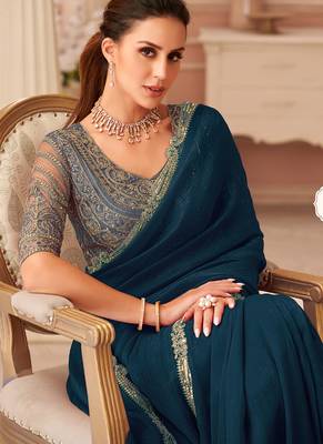 Aqua blue georgette embroidered party wear saree 2