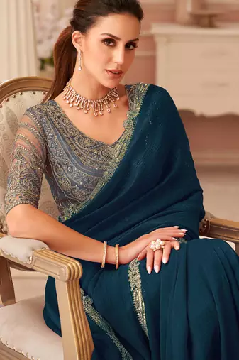 Aqua blue georgette embroidered party wear saree