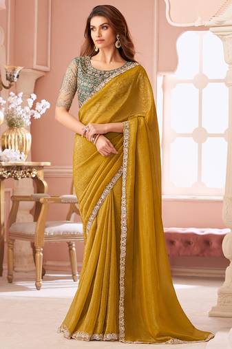 Yellow georgette embroidered party wear saree