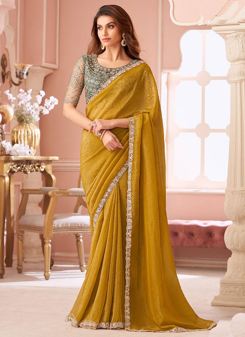 Yellow georgette embroidered party wear saree