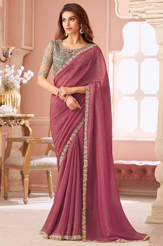 Onion pink georgette embroidered party wear saree