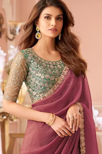 Onion pink georgette embroidered party wear saree