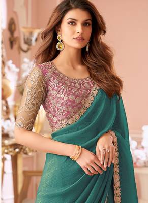 Turquoise georgette embroidered party wear saree 2