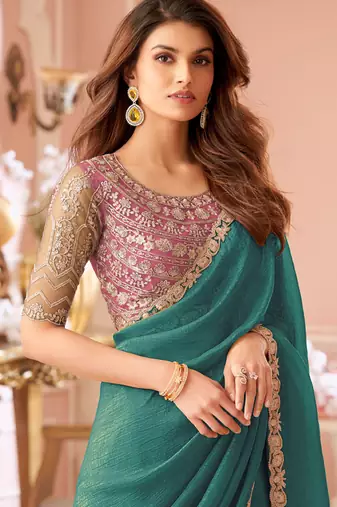 Turquoise georgette embroidered party wear saree
