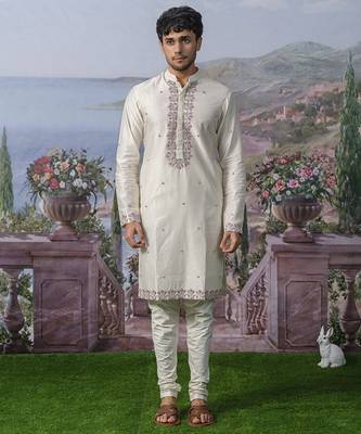 White embroidered chanderi silk kurta pajama 1