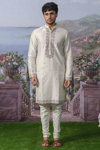 White embroidered chanderi silk kurta pajama