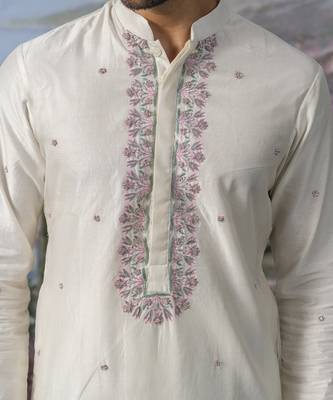 White embroidered chanderi silk kurta pajama 2