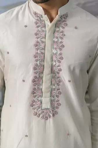 White embroidered chanderi silk kurta pajama
