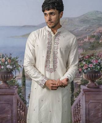 White embroidered chanderi silk kurta pajama 3