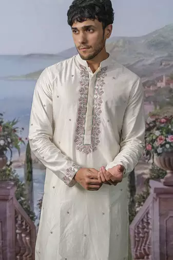 White embroidered chanderi silk kurta pajama