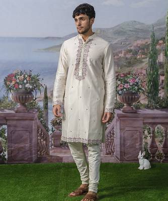 White embroidered chanderi silk kurta pajama 4