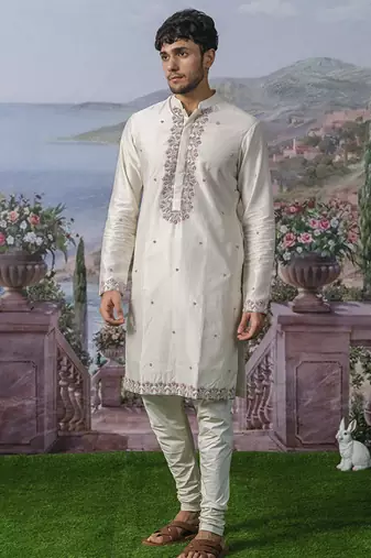 White embroidered chanderi silk kurta pajama