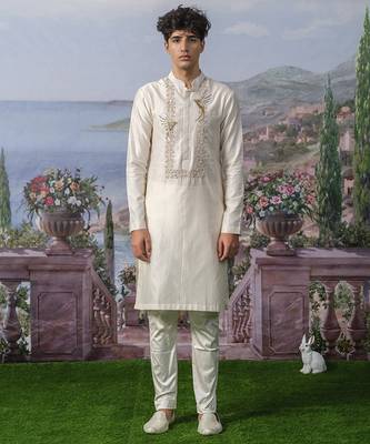 White embroidered chanderi silk kurta pajama 1