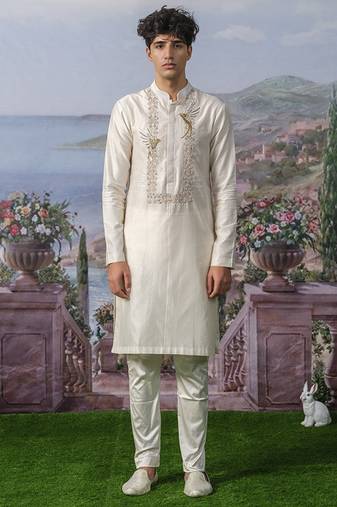 White embroidered chanderi silk kurta pajama