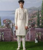 White embroidered chanderi silk kurta pajama