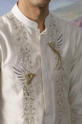 White embroidered chanderi silk kurta pajama