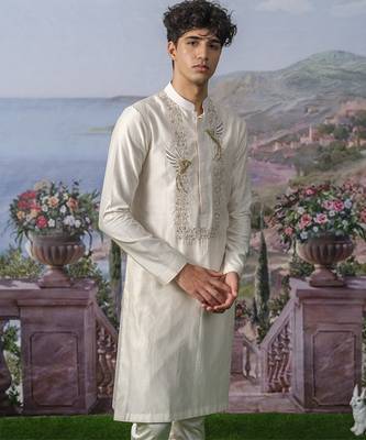 White embroidered chanderi silk kurta pajama 3