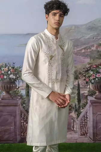 White embroidered chanderi silk kurta pajama