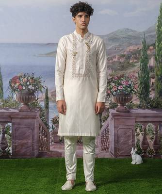 White embroidered chanderi silk kurta pajama 4