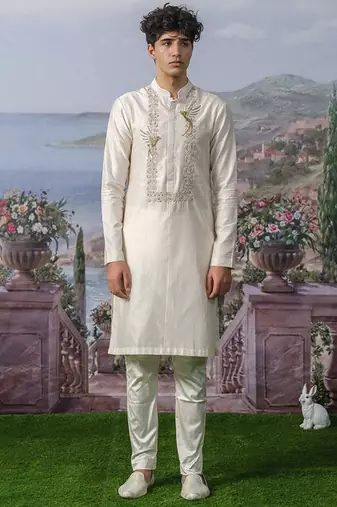 White embroidered chanderi silk kurta pajama