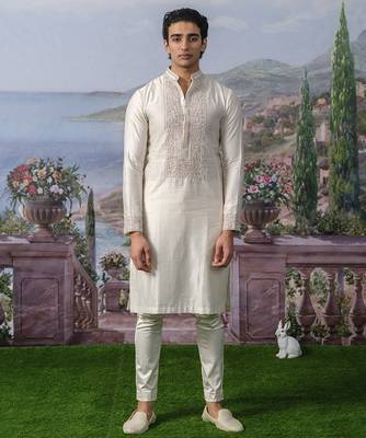 White embroidered chanderi silk kurta pajama 1