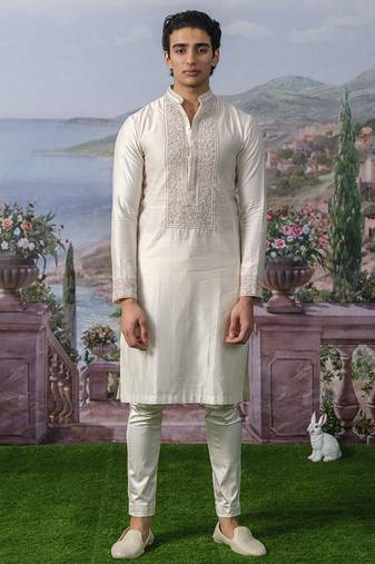 White embroidered chanderi silk kurta pajama
