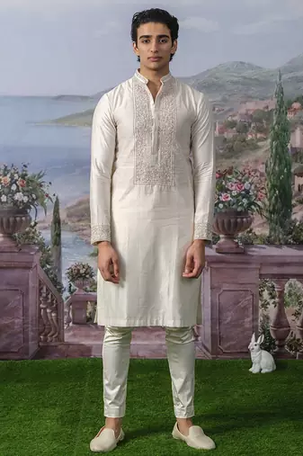 White embroidered chanderi silk kurta pajama