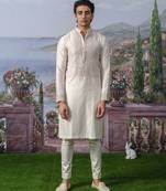 White embroidered chanderi silk kurta pajama