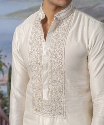 White embroidered chanderi silk kurta pajama 2