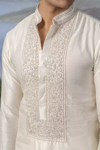 White embroidered chanderi silk kurta pajama