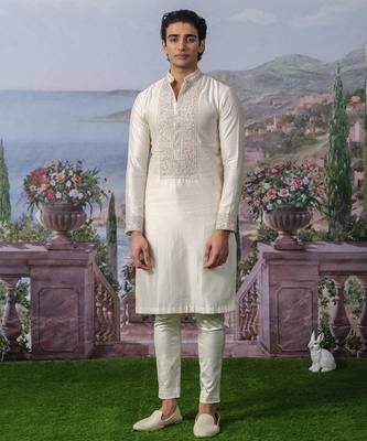 White embroidered chanderi silk kurta pajama 3