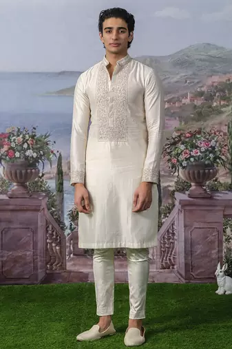 White embroidered chanderi silk kurta pajama
