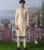 Off white embroidered chanderi silk kurta pajama