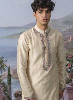 Off white embroidered chanderi silk kurta pajama 2