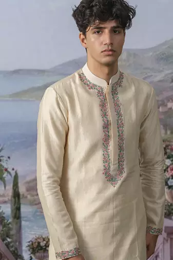Off white embroidered chanderi silk kurta pajama