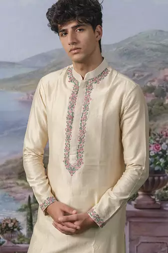 Off white embroidered chanderi silk kurta pajama