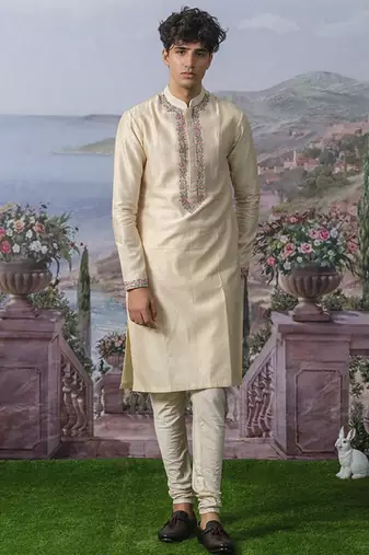 Off white embroidered chanderi silk kurta pajama