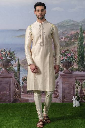Off white embroidered chanderi silk kurta pajama