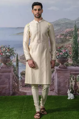 Off white embroidered chanderi silk kurta pajama