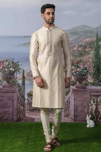 Off white embroidered chanderi silk kurta pajama